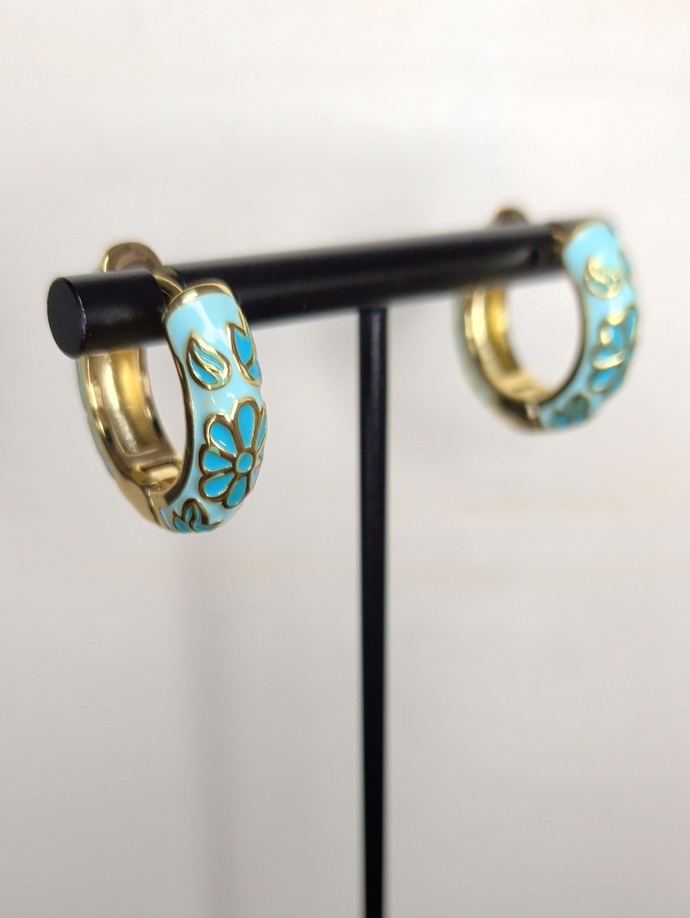 18K Gold Filled Turquoise Floral Enamel Hoop Earrings